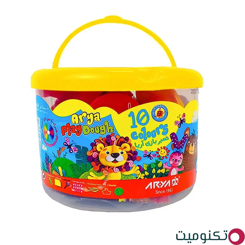 خمیر بازی 10 رنگ آریا مدل 1068 سطلی دسته‌دار
