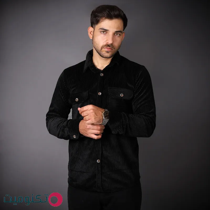 پیراهن مشکی آستین بلند مردانه مدل مخمل درشت 8844